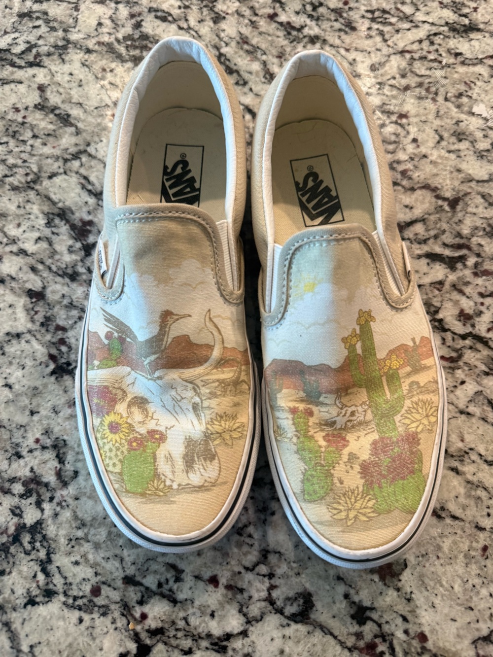 Vans Slip-On Canvas Sneakers with Desert Motif — Cream, Green & Brown